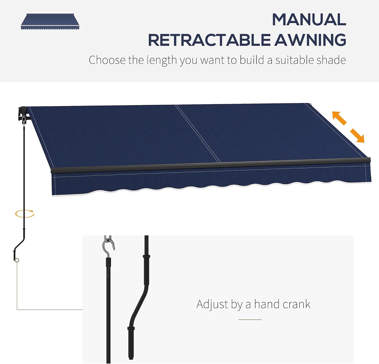 Outsunny 8' x 6.5' Retractable Awning, Patio Awning Sunshade Shelter with Manual Crank Handle, 280gsm UV Resistant Fabric and Aluminum Frame for Deck, Balcony, Yard, Blue