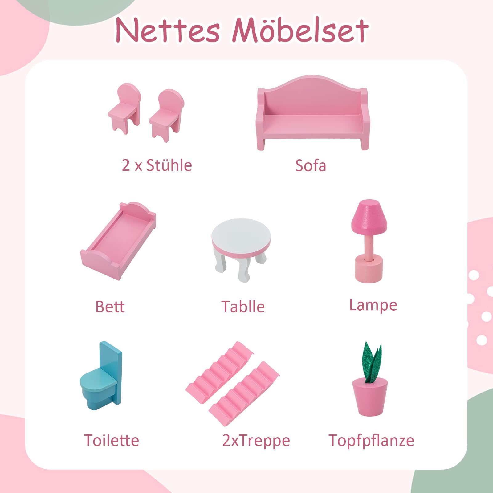 DREAMADE Puppenhaus Holz, 3-stöckiges & Großes Dollhouse mit 5 Zimmern & Möbeln, Zubehör & 2 Treppen & niedlichen Tapeten, Puppenvilla Puppenstube Holzspielzeug rosa Spielzeug für Kinder ab 3 Jahren