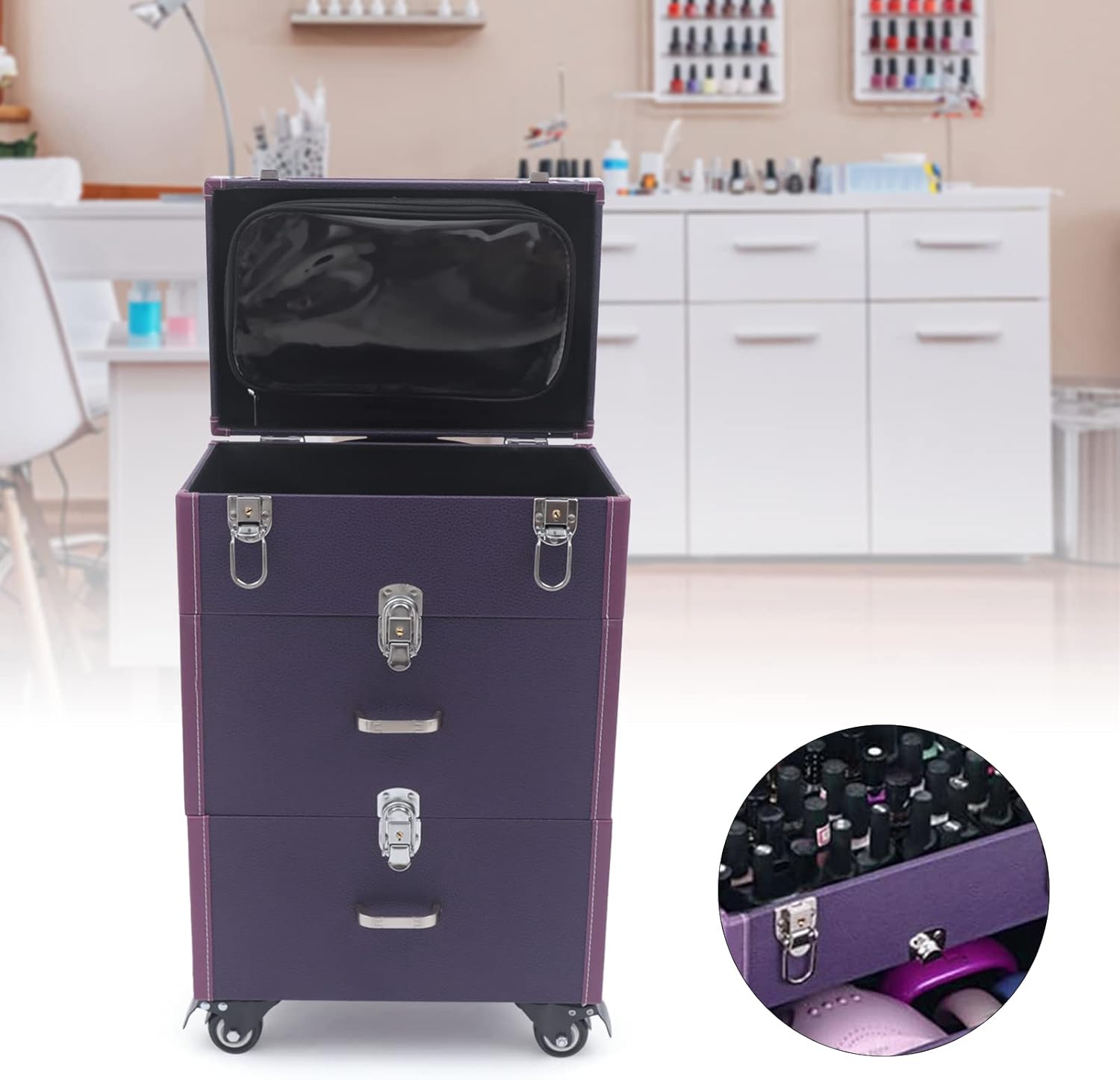 DONSU 3-Tier Rolling Makeup Train Case Large Storage Cosmetic Trolley, Salon Nail Polish Storage Box Jewelry Organizer Cosmetics Traveling Cart Trunk (Purple)