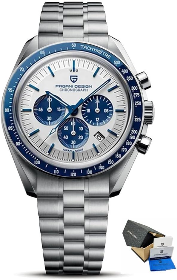 Pagani Design 1701 Watches for Men, Chronograph, VK63 Japanese Quartz Movement, Stainless Steel Bracelet, Water Resistant to 330 Feet(100m), Sapphire Glass Sports Watch for Men.