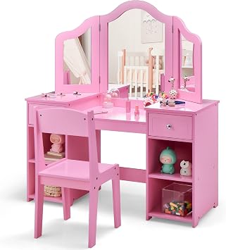 INFANS Kids Vanity, 2 in 1 Princess Makeup Desk and Chair Set with Drawers Tri-Folding Detachable Mirror Large Storage Shelves, Wooden Dressing Table, Pretend Play Vanity Set for Toddler Girls