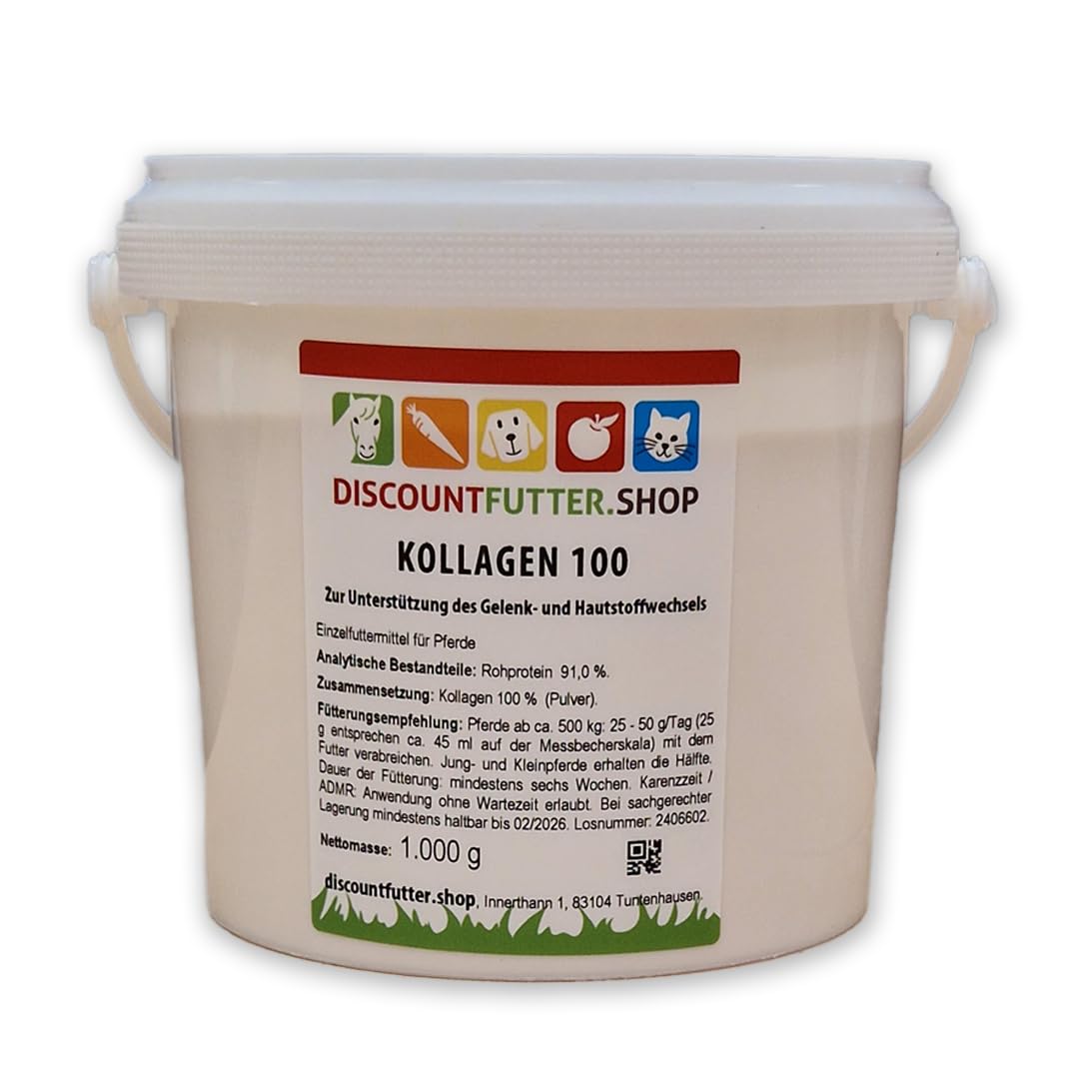 discountfutter.shop - Kollagen 100 Pulver für Pferde | 1 kg Pulver | 100% reines Kollagenhydrolysat | Unterstützt Gelenkknorpel, Sehnen & Bänder | Vorbeugung von Arthrose | Höchste Reinheit