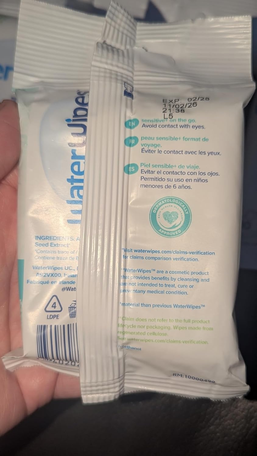 WaterWipes Beauty Sensitive+ On-The-Go Facial Wipes, 99.9% Water, Unscented Hypoallergenic Face Cleanser Wipes for Sensitive Skin, Double Cleanse & Skincare Routine, 100ct, (10 Packs)