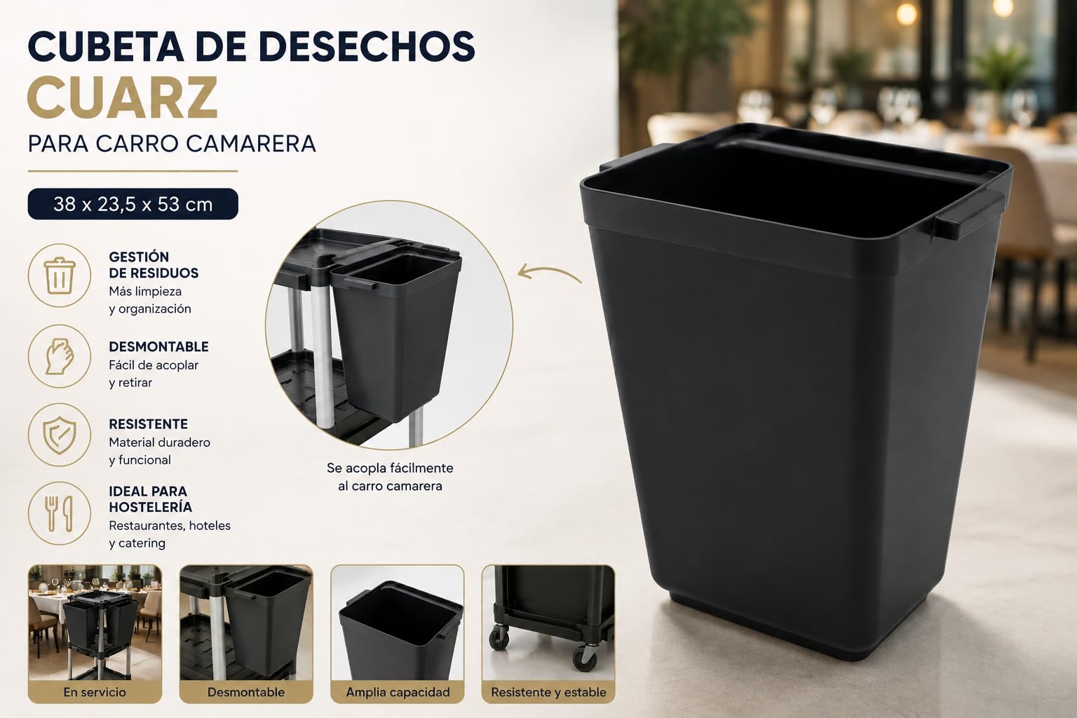 Cubeta de Desechos Cuarz para Carro Camarera, 38x23,5x53 cm | Accesorio Desmontable, Para Residuos y Utensilios, Hostelería Profesional