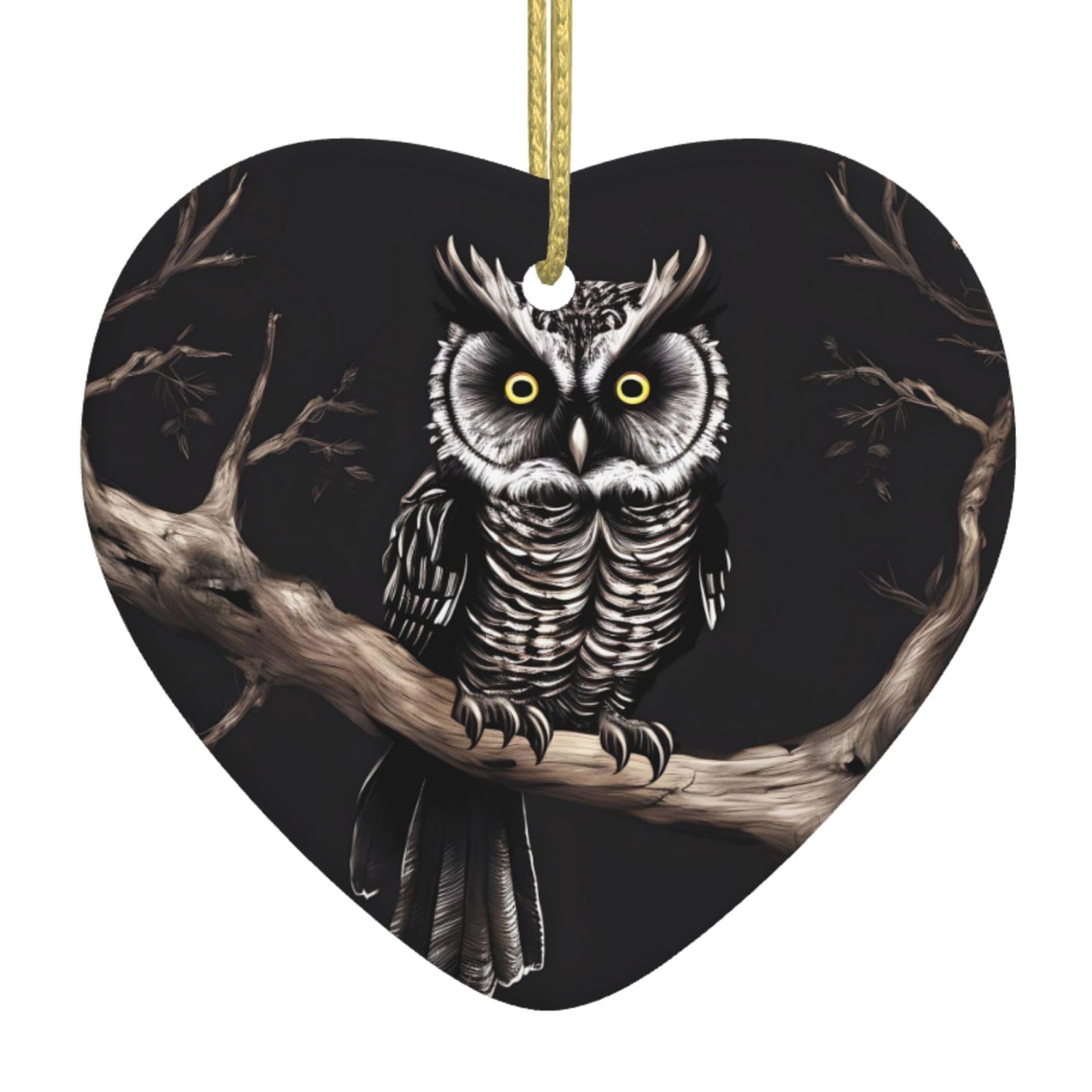 Late Night Owl Ceramic Christmas Heart Pendant with Silk Thread, Christmas Tree Home Decoration