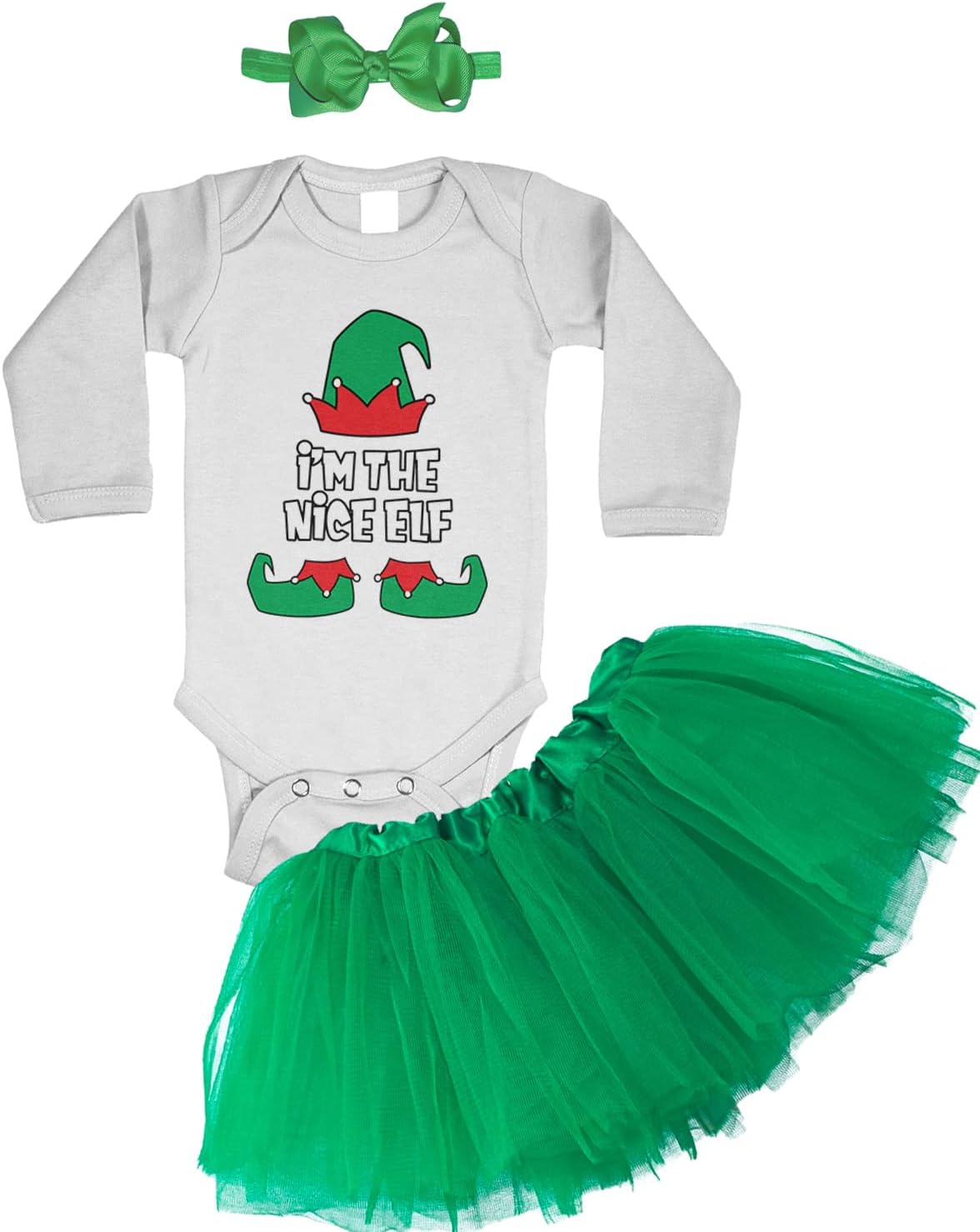 I'm The Nice Elf - Christmas Xmas Baby Bodysuit + Tutu Skirt + Bow Headband Set