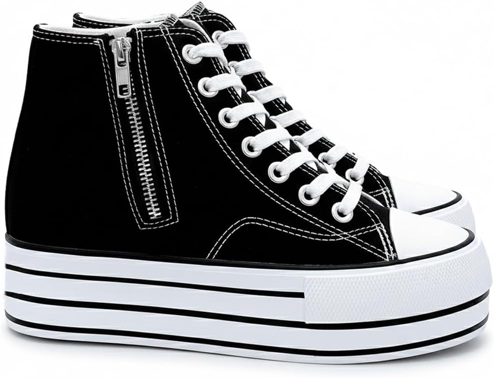Womens Platform Shoes Hidden Wedge 4 Inches Height Increase, High Top Canvas Sneakers High Heel White Black Fashion Sneakers for Women and Girls - Image 7