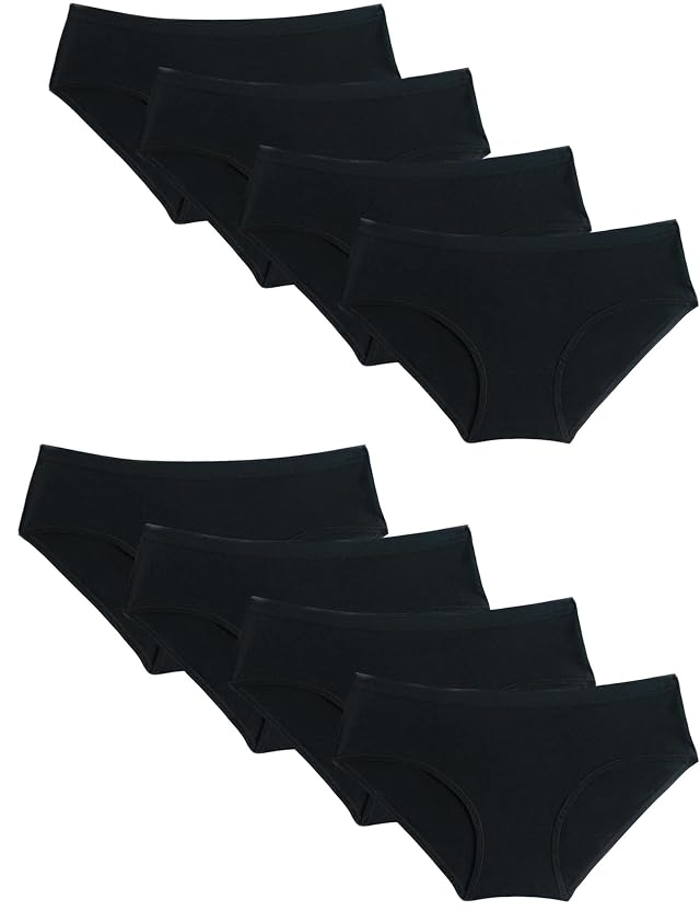 Soft Girls Cotton Briefs for Teens - 8-Pack Comfortable Breathable Underwear Essential Everyday Panties All Black 14