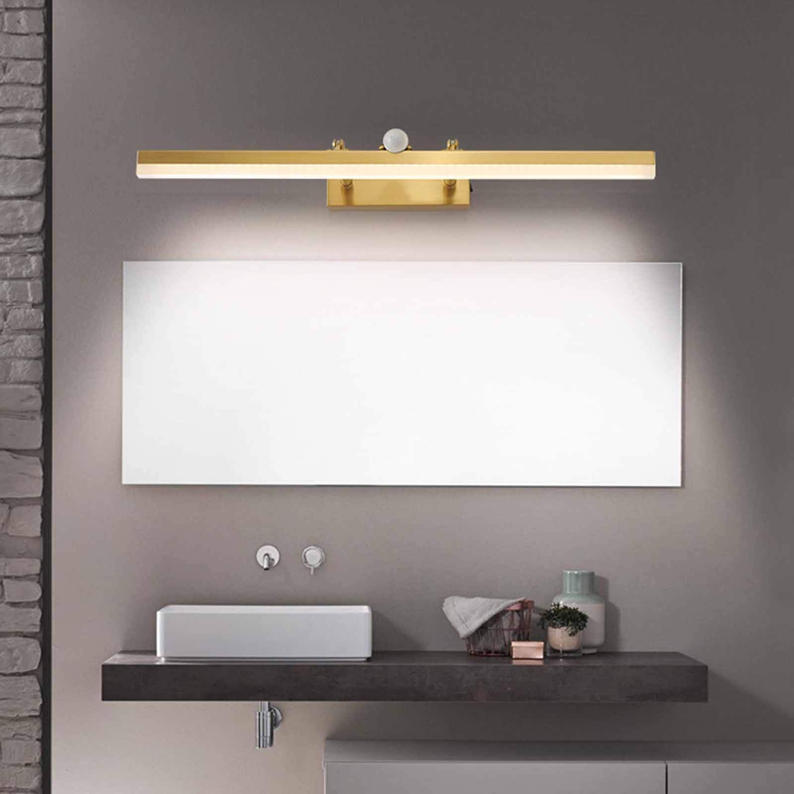 Złota lampa do łazienki z czujnikiem ruchu, mosiężne oświetlenie przednie LED z przełącznikiem, nowoczesna obrotowa lampa do lustra, wodoodporna lampa do makijażu, oświetlenie ścienne, światło
