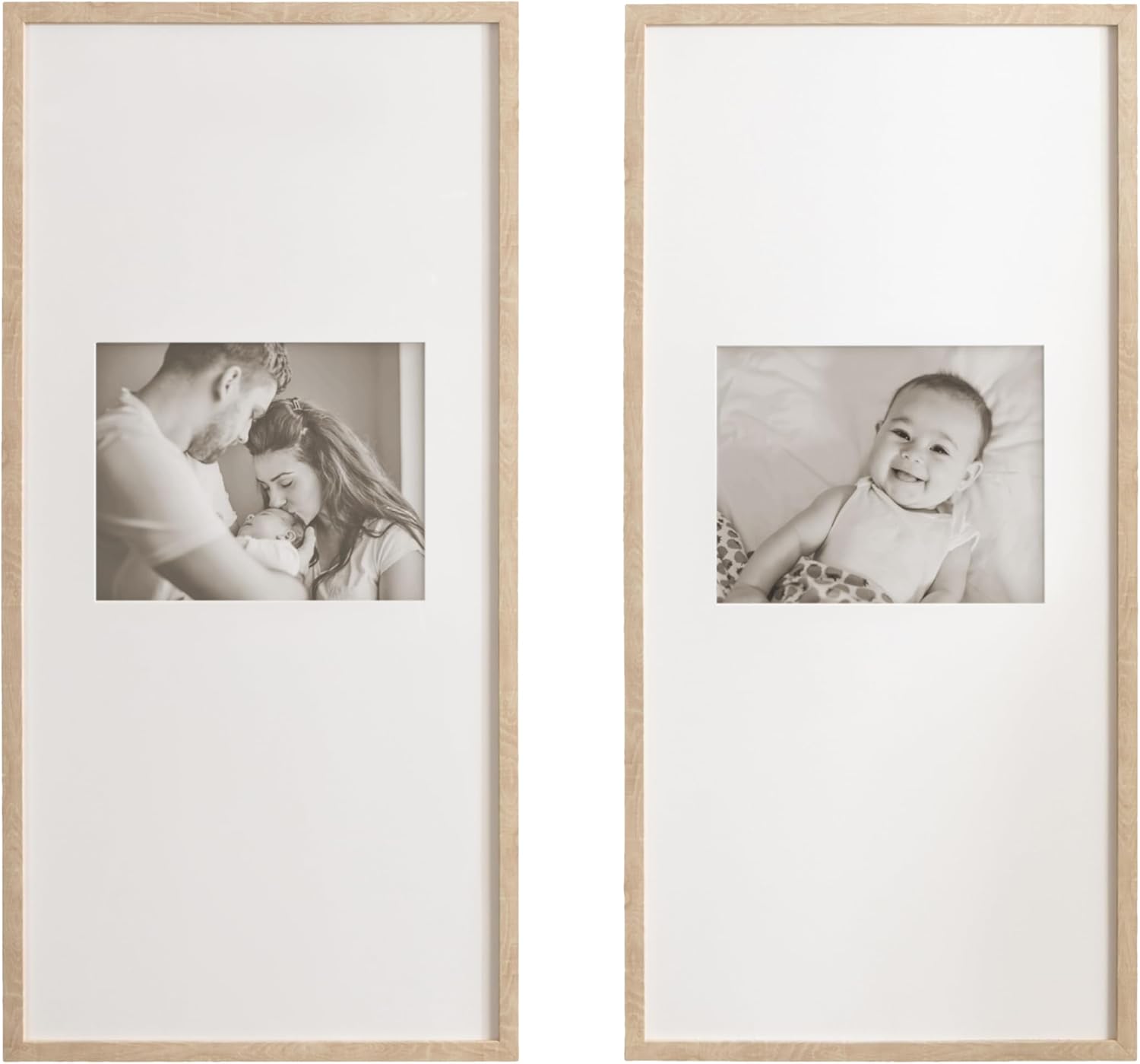 Kate and Laurel Gallery Rectangular Panel Picture Frame Set of 2, 14 x 30 matted to 8 x 10, Light Natural, Modern Tall Two-Piece Photo Frame Set for Gallery Wall Decor in Living Room Wall Display