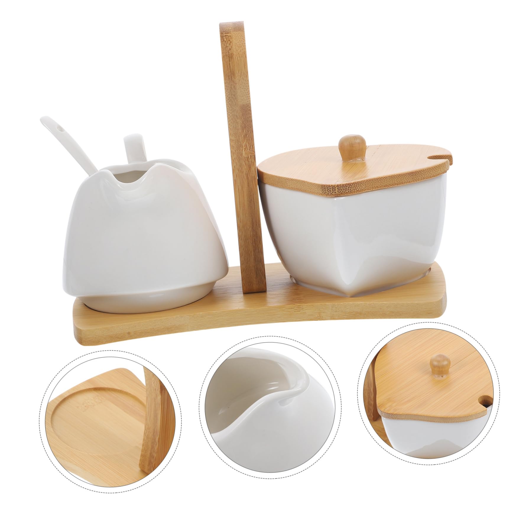 Cabilock Azucarero y Jarra De Cerámica con Bandeja De Bambú y Cuchara Juego para Crema y Azúcar Cocina y Hogar Set Elegante para Servir Leche y Azúcar Mesa Dulce