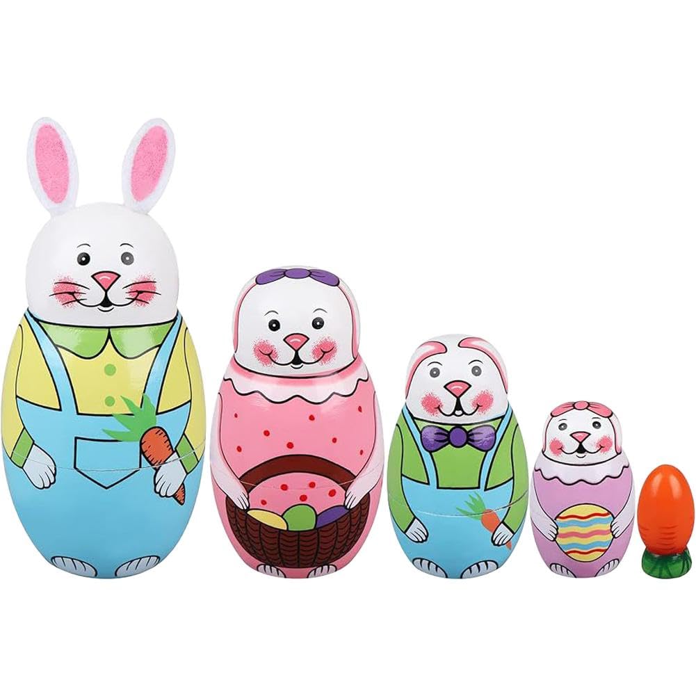 Easter Russian Nesting Dolls, Stacking Wooden Handmade Matryoshka Dolls, 5 Pcs 6 Animal Rabbit Eggs To ''Tall Easter Nesting