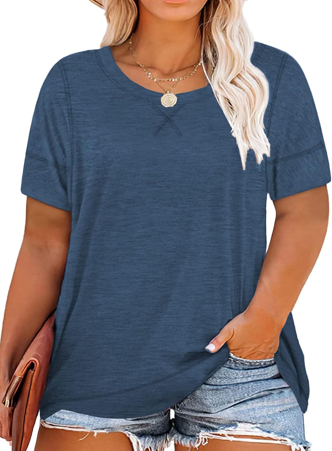 ROSRISS Womens Plus Size Tops Casual Short Sleeve Side Split Tunics Shirts