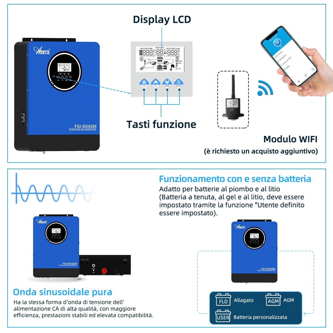 Anern Inverter ibrido da 4200 W, 12/24 Vdc Doppia tensione, 220 V/230 Vca, con regolatore solare da 100 A onda sinusoidale pura, PV 55~500 V, funzionamento con batterie 12/24 V