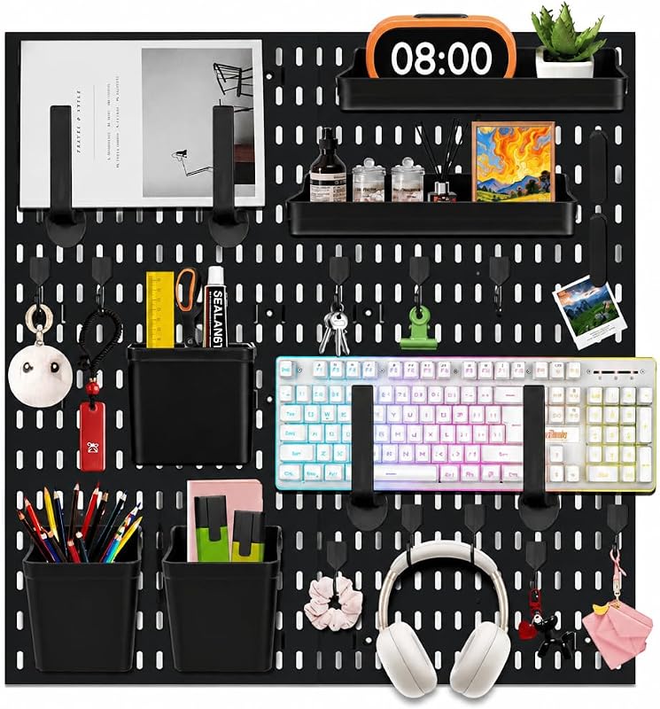 Wall Mount Wall Organizer Pegboard for Gaming & Office, 4 Pack, 12x12 Inch | Pegboard Wall Organizer Kit with Hooks, Shelves, Clips and Bins to Organize Office, Gaming Supplies, Wall Mounted Peg Board