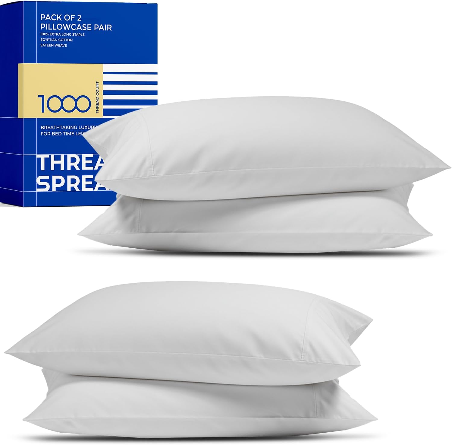 THREAD SPREAD 100% Egyptian Cotton Pillow Cases Queen Size Set of 2 - Luxury 1000 Thread Count Queen Pillow Cases (White), Soft Cooling Sateen Weave Hotel Quality Egyptian Cotton Pillowcases