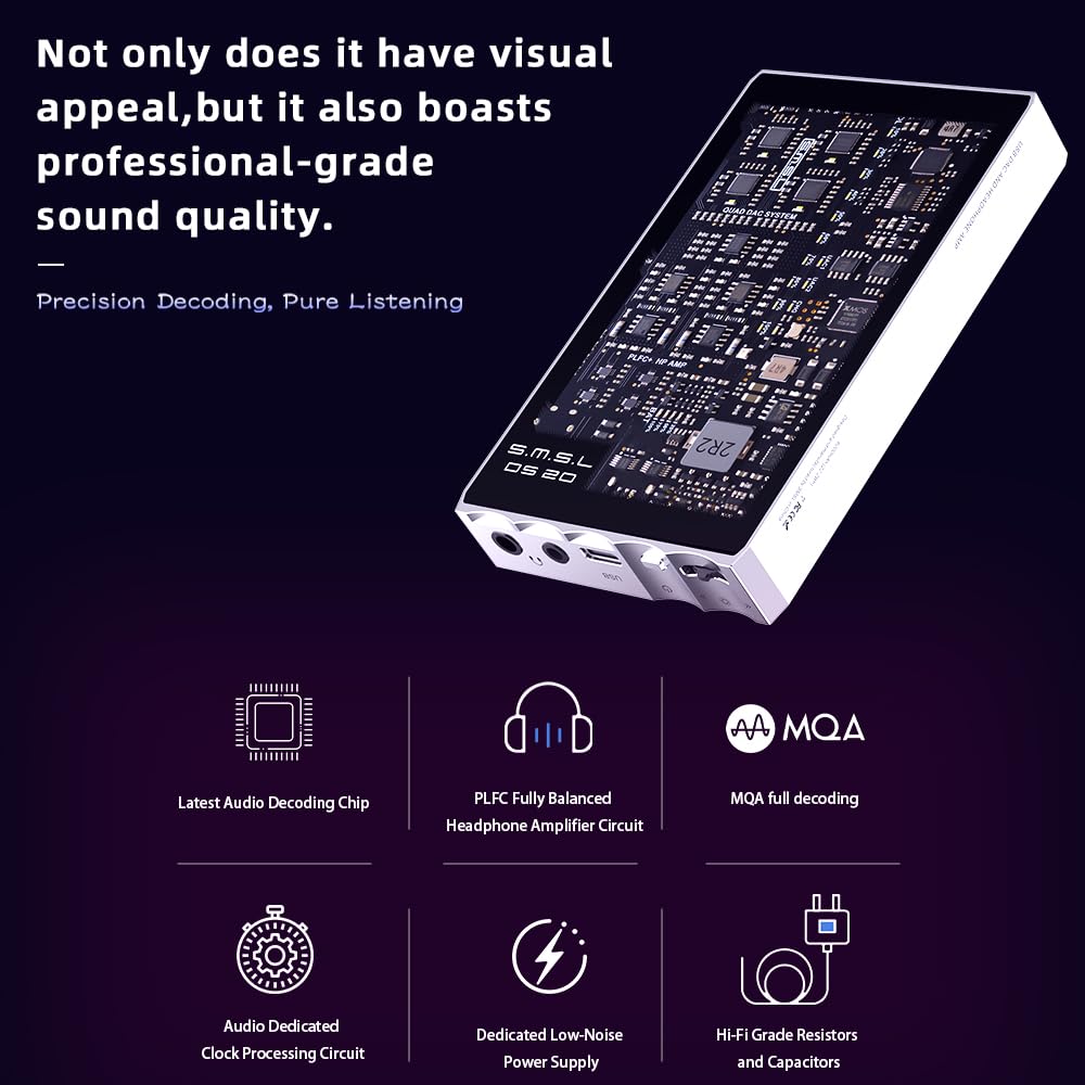 SMSL DS20 Amplificateur de casque DAC portable CS43131 Puce 32 bits/768 kHz 256DSD PLFC Décodeur magnétique USB 1.1 pour Switch et PS5 Amplificateur audio haute résolution MQA 3,5/4,4 mm Prise casque