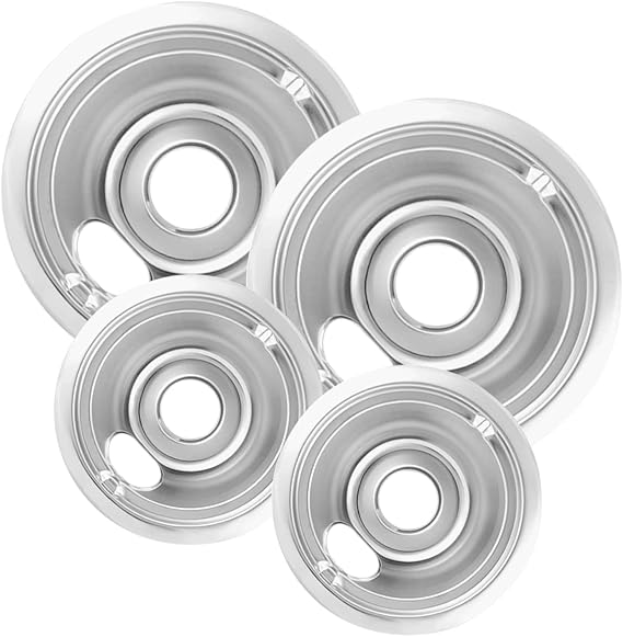 4-Piece Drip Pans Set - Compatible with GE Stoves - Chrome Finish Electric Stove Burner Drip Pans - 2 x 6inch, 2 x 8inch Stove Drip Pans - GE Stove Drip
