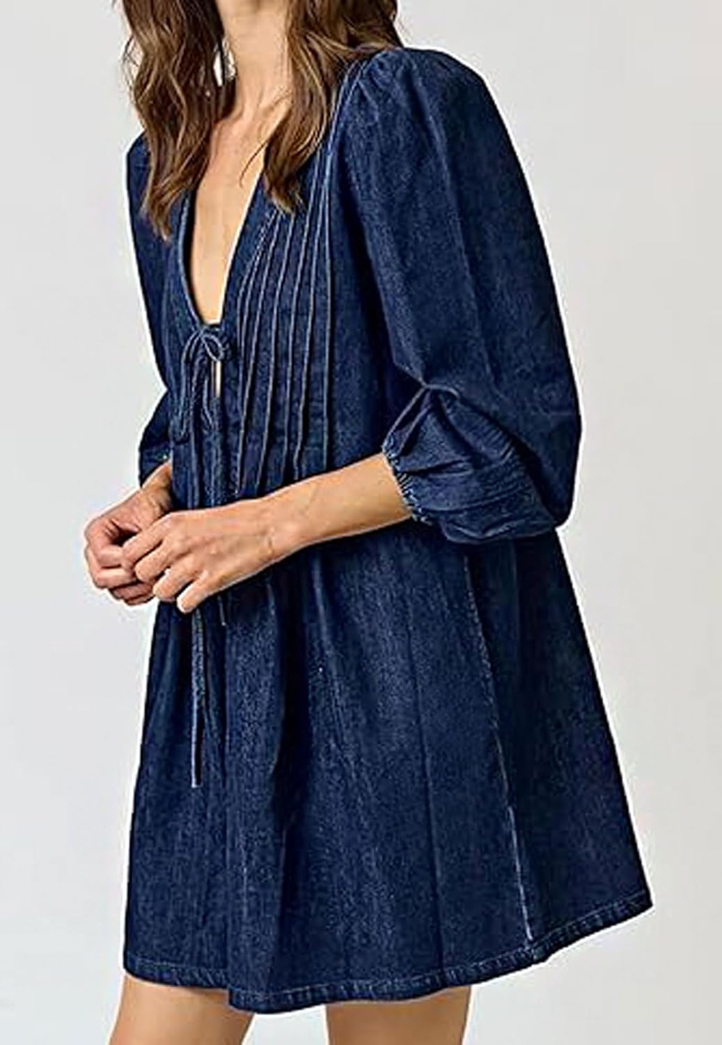 loveimgs Women Denim Jean Romper Overall Shorts Tie Front Pleated Romper Dress Deep V Neck Puff Sleeve Jumpsuit - Image 6