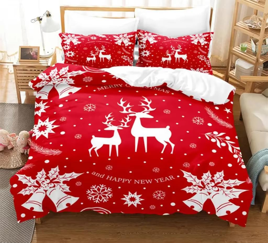 Housse de couette Noël 180x210 cm avec sa taie d'oreiller pour parure de lit double festive