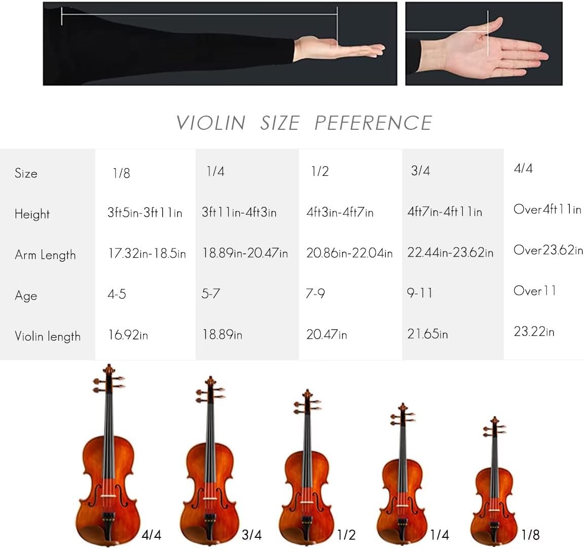 Violin size reference chart showing recommended sizes based on height, arm length, and age