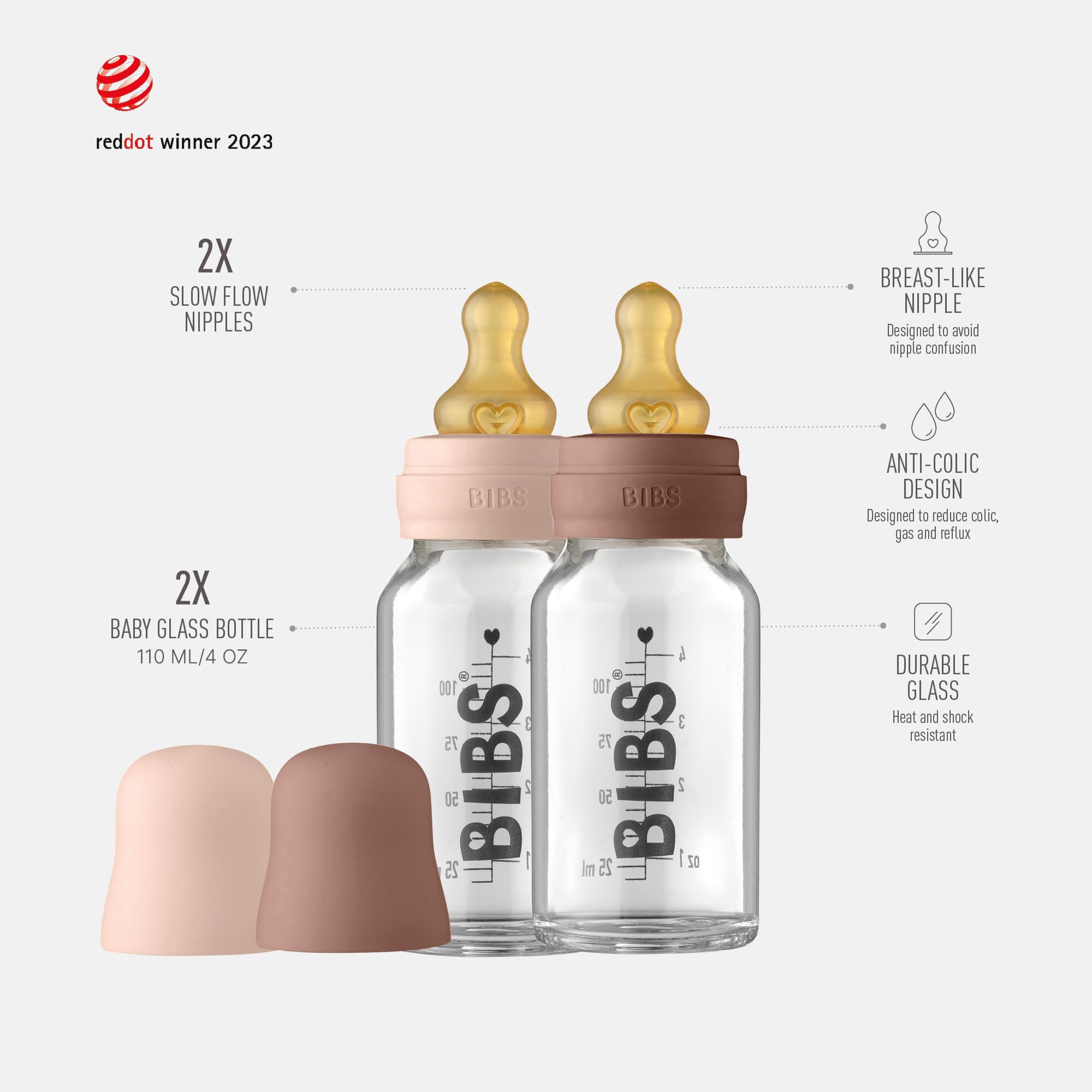 Biberon in vetro BIBS. Set di 2. Anti-coliche. Tettarella rotonda in lattice di gomma naturale. Favorisce l'allattamento naturale al seno, Complete Set - 110 ml (Pack of 2), Blush/Woodchuck