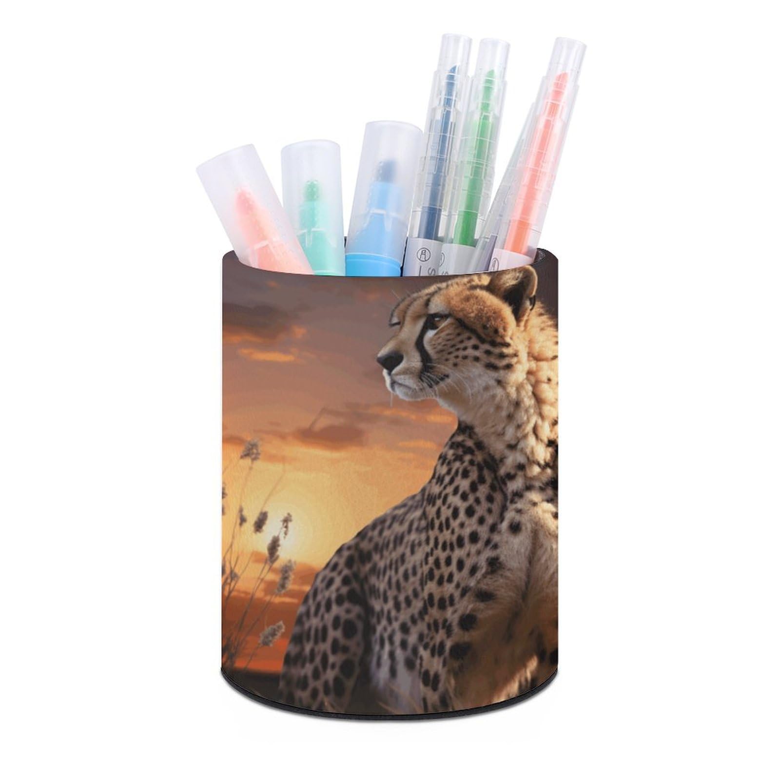 JTREHY Round Pen Holder,Cheetah Looking with Sunset Printed Makeup Brush Storage Box for Home Office Dressing Table
