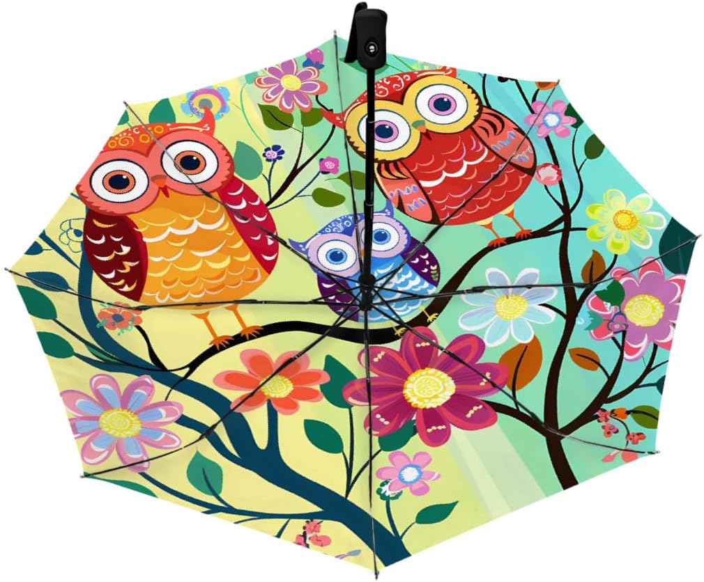 Owls Tree Branches Flowers Folding Umbrella Windproof Compact Lightweight Travel Umbrella with 8 Reinforced Ribs, Portable UV Sun & Rain Protection for Men & Women