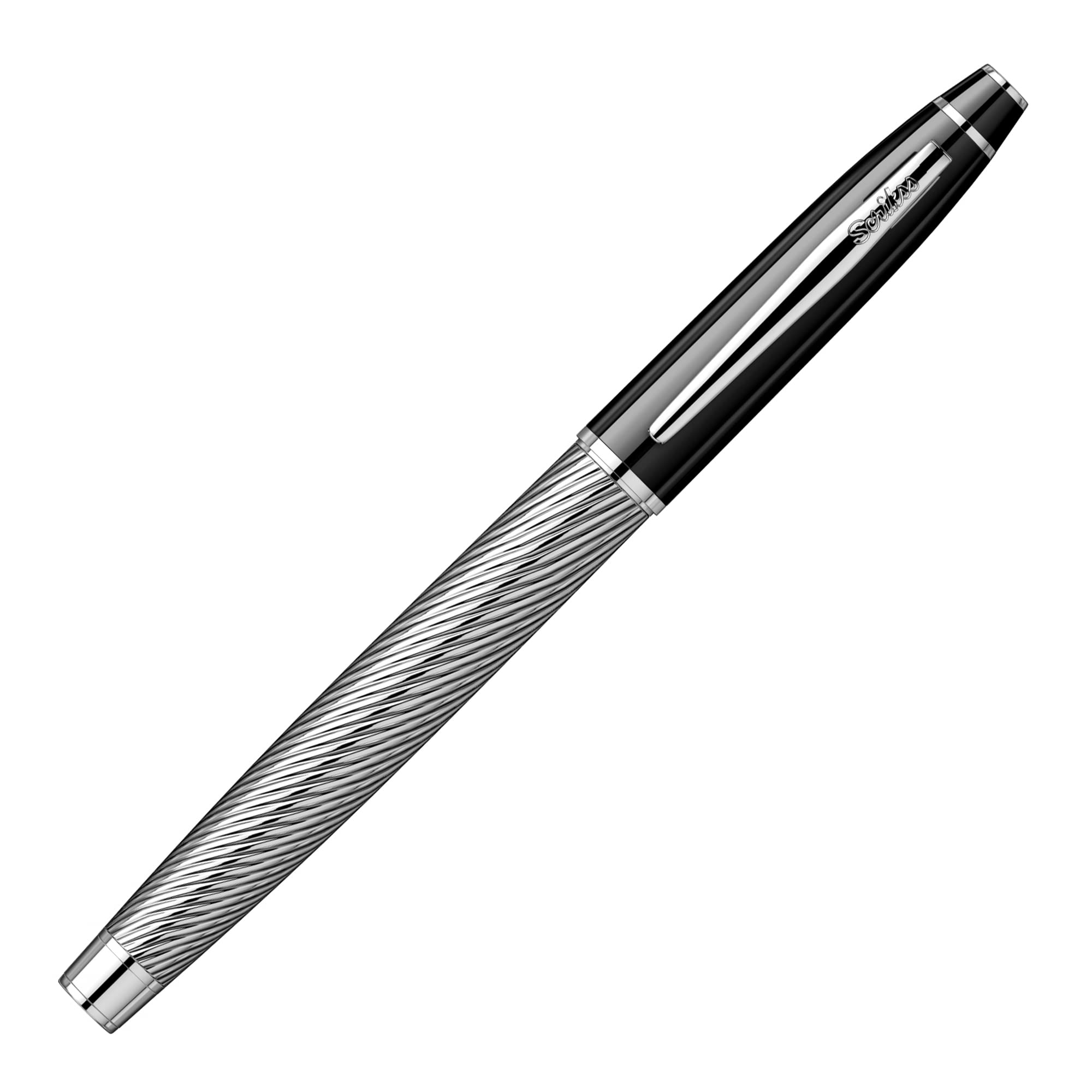 Scrikss Pluma estilográfica de punta media y convertidor de tinta negra, cuerpo de latón cromado, bordes cromados, serie 35C, moderno y elegante, ideal para regalar en la oficina y el hogar