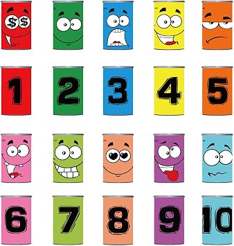 Outdoor Games Children Garden, Throwing Game, Punteria Toss Cans Game, 10pcs Smiling Metal Toss Tins + 3pcs Bean Bags + 3pcs Medal, Tin Alley Toys for Party