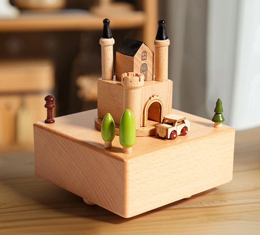 Caja Musical con Castillo de Cuento de Hadas de Madera y Escenario con Mini Coche