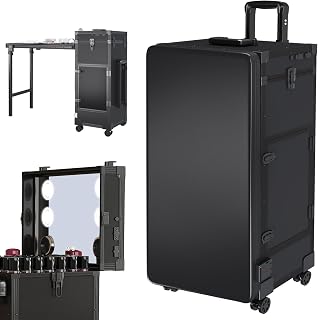 Vantic Rolling Portable Manicure Table with 3 Drawers, Rolling Manicure Table Case with LED Mirror and Bluetooth Speaker, Foldable Nail Desk with Telescopic Handle on Wheels, Black