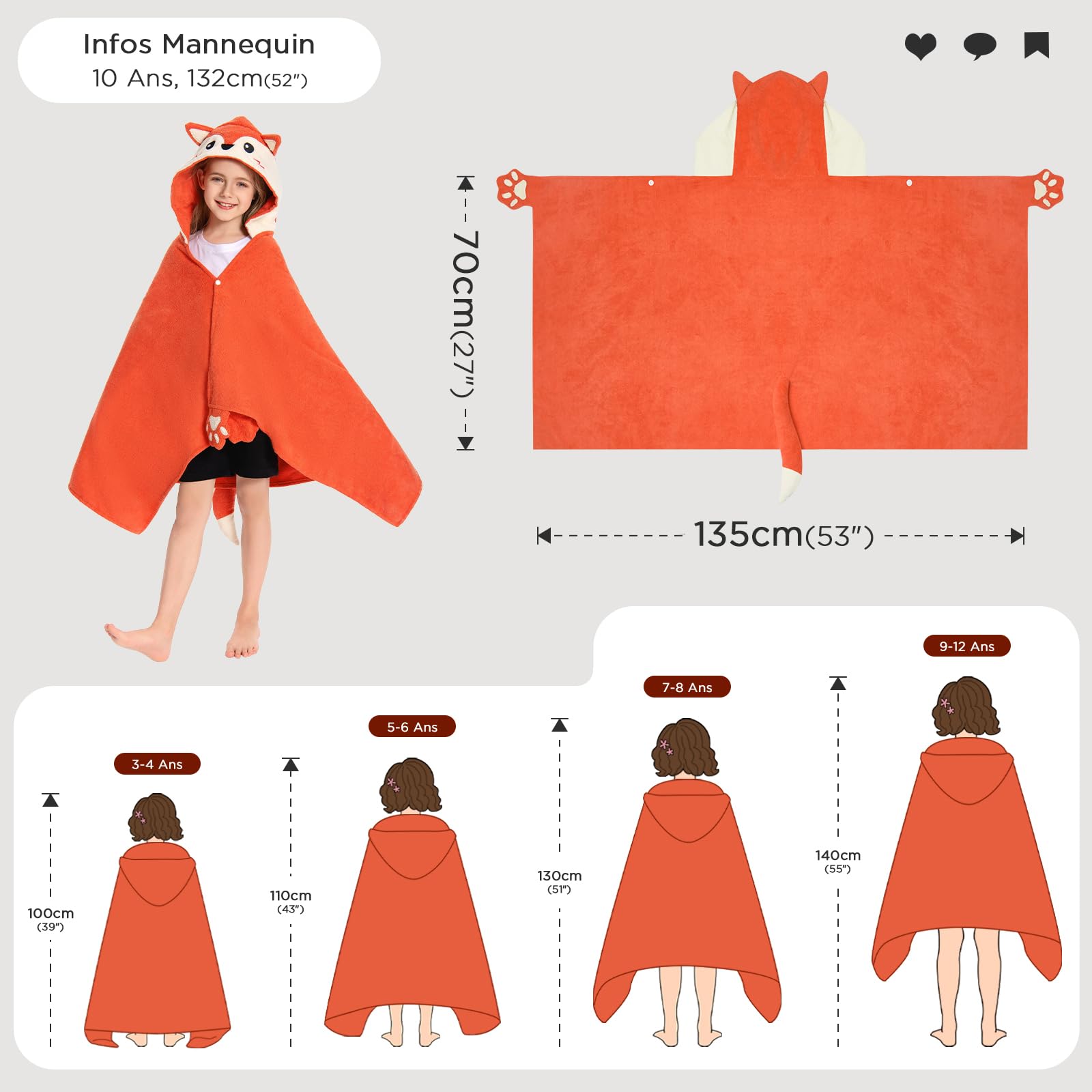 OLAOLA Serviette de Bain à Capuche pour Enfants, Serviettes de Plage en Microfibre Doux Natation Wrap, Enfant Peignoir À Langer, Poncho de Bain pour Garçons Filles de 3 à 12 Ans (Renard)