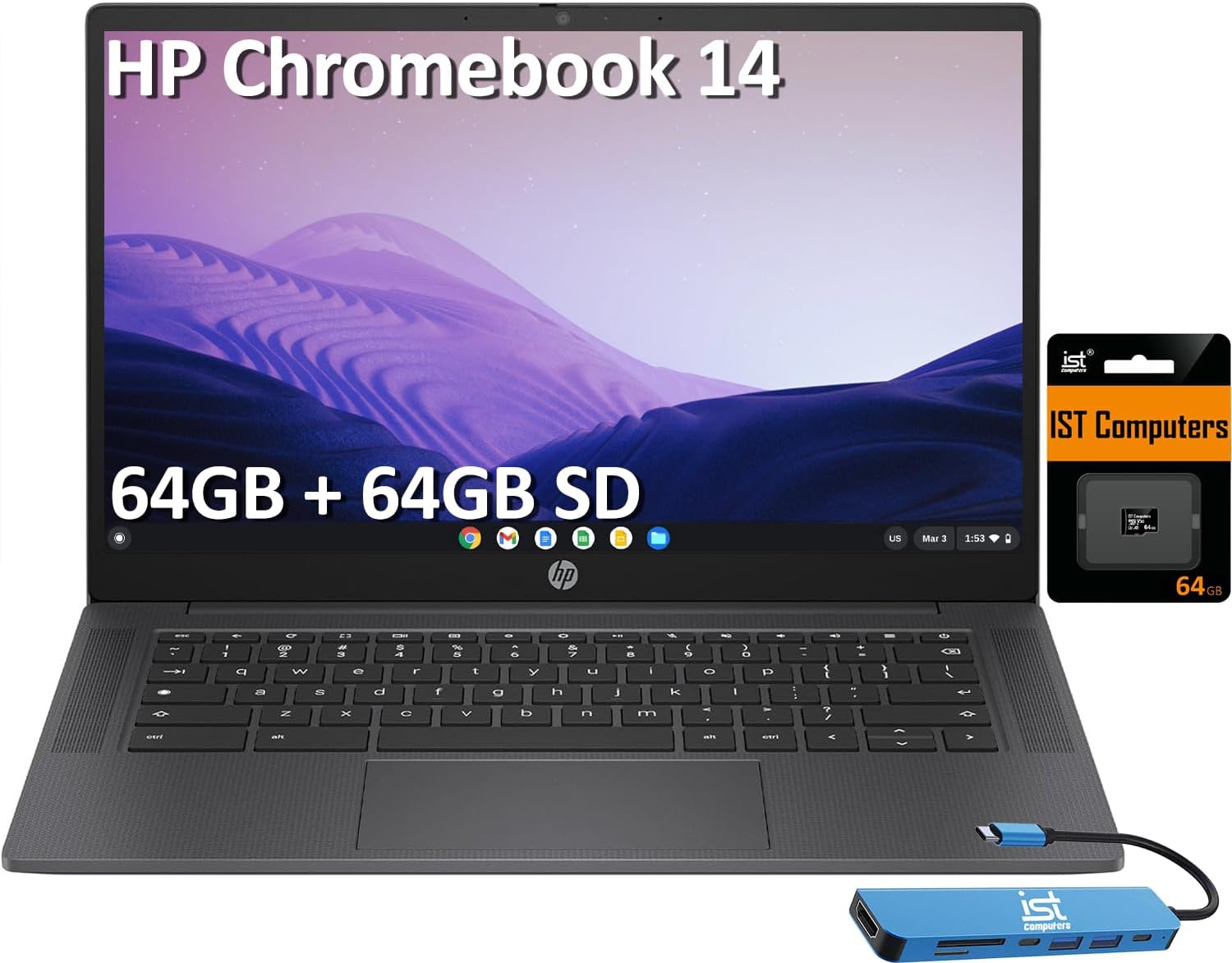 HP Chromebook 14 Laptop (14" HD, Intel 4-Core N100, 4GB RAM, 64GB eMMC + 64GB SD Card) for Home, Students & Everyday Use, Fast charge, 12-Hr Battery Life, Wi-Fi 6, Webcam, IST HUB, Chrome OS (Renewed)