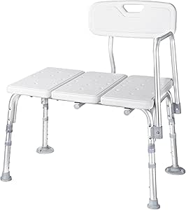 Transfer Bench for Tub, Bathtub Bench Shower Chair for Seniors, Transfer Boards -Removable Armrest, 300lb Load, Suction Cup Feet, 5-Level Adjustable Height - LIVINGbasics