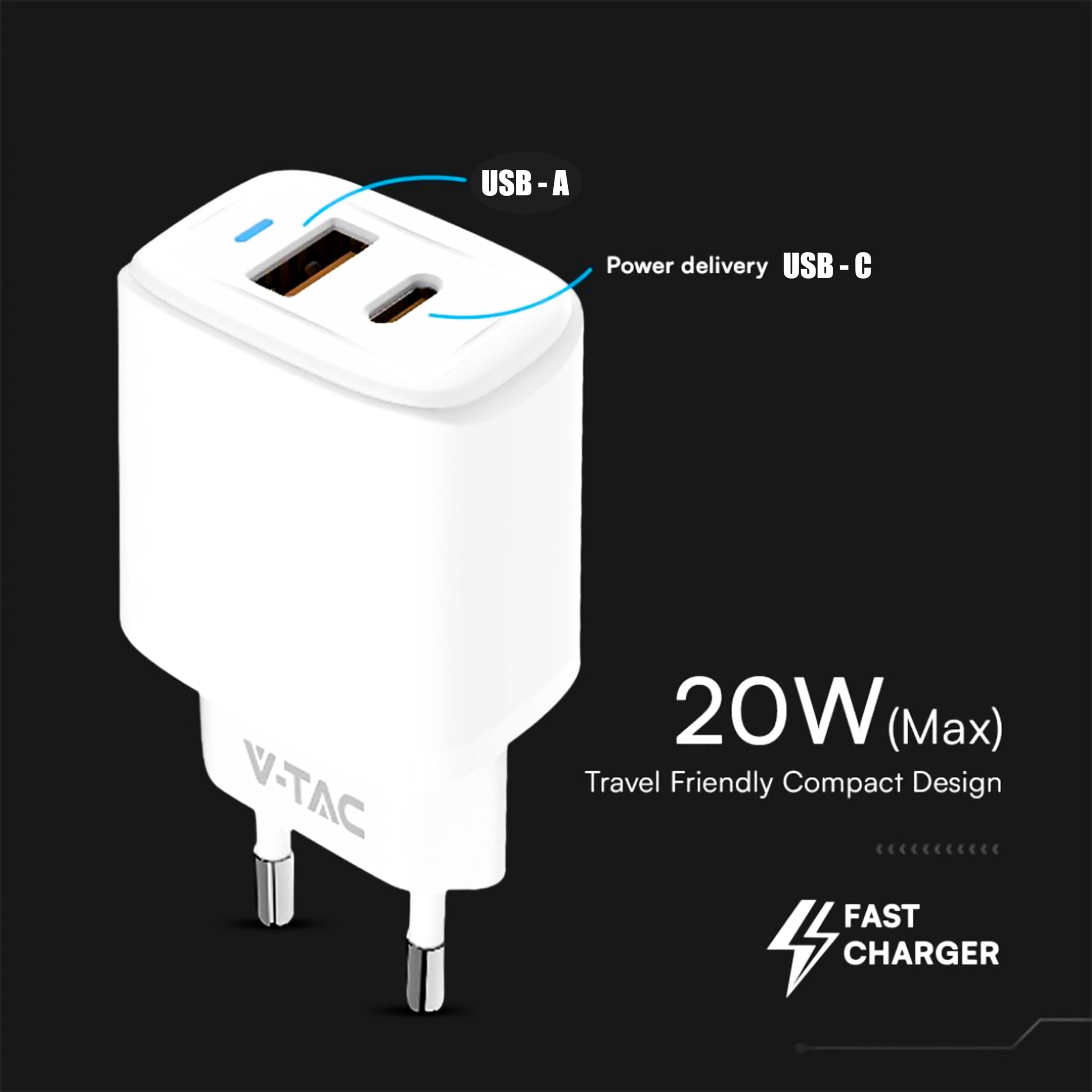V-TAC Caricatore Rapido USB-C 20W per Iphone e Samsung – [SUPER PICCOLO] - per Smartphone e Dispositivi – 2 Porte: Type C + USB A - Compatibile Iphone 14/15/16/17 PRO/MAX e Galaxy S25 / S26 / A56