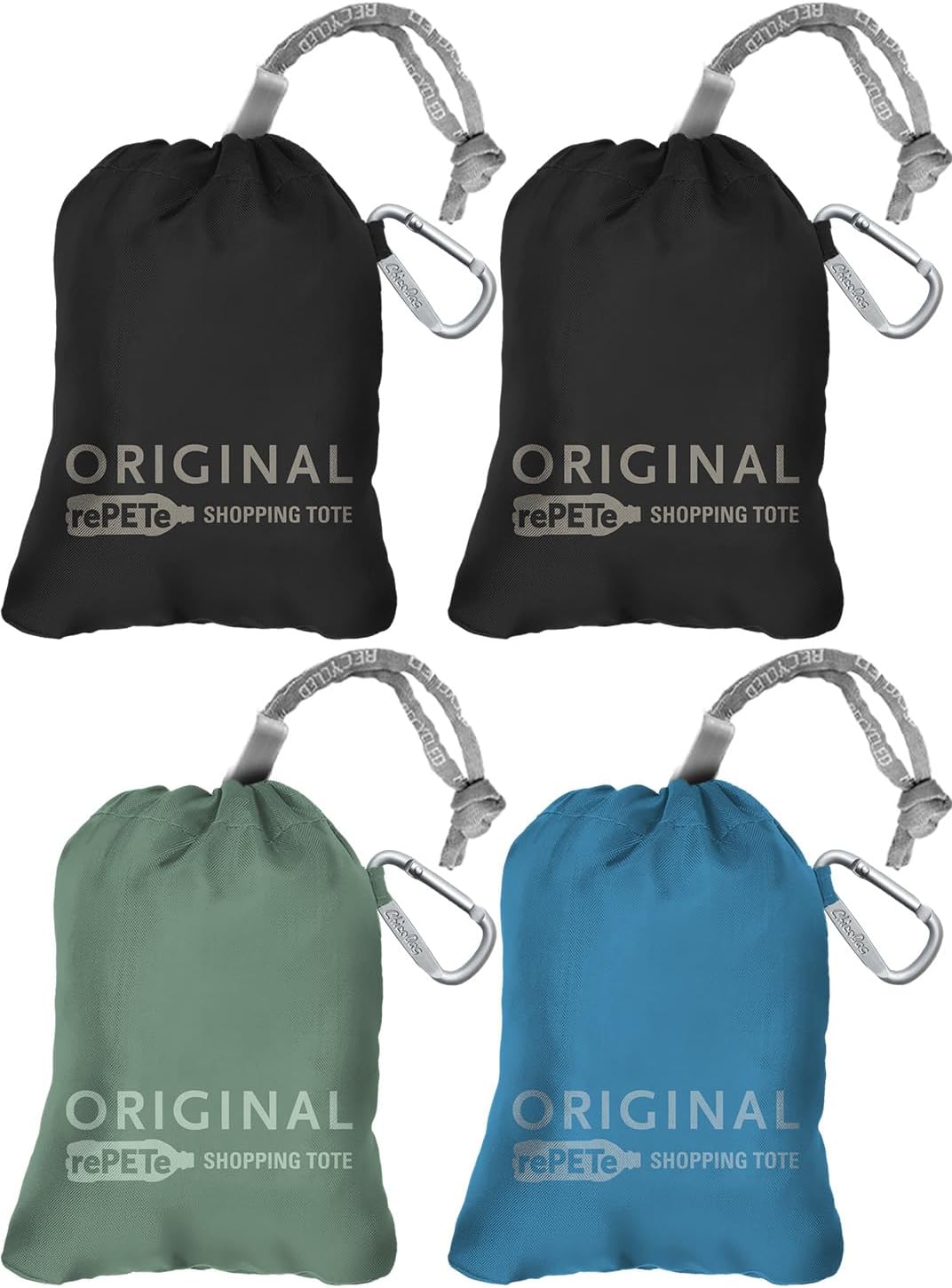 ChicoBag Original Reusable Tote with Carabiner Clip | Compact Reusable Grocery Bags | Recycled Materials | Assorted Colors (Pack of 4)