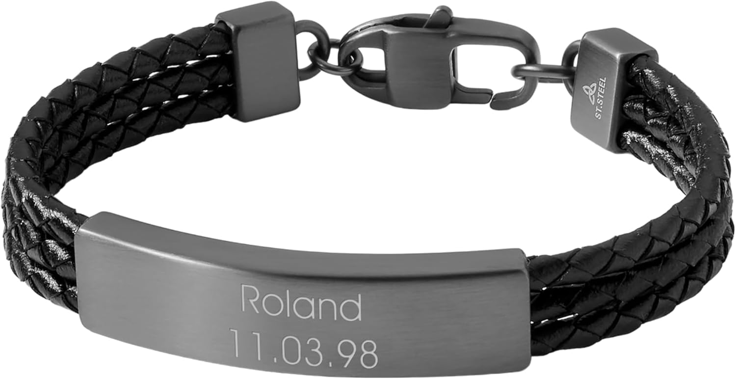 THINGS REMEMBERED Engraved Triple Black Leather with Satin Gunmetal ID Bracelet (Free Customization)
