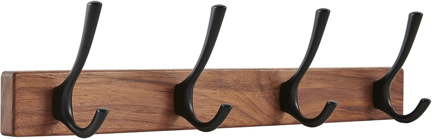16 Inch Small Walnut Wood Coat Rack Wall Mount with 4 Hooks, Adhesive & Drilling Mounted, Heavy Duty Wooden Wall Coat Hanger Hanging Towel Clothes Hat Bag Purse Key Jacket Backpack Holder Black