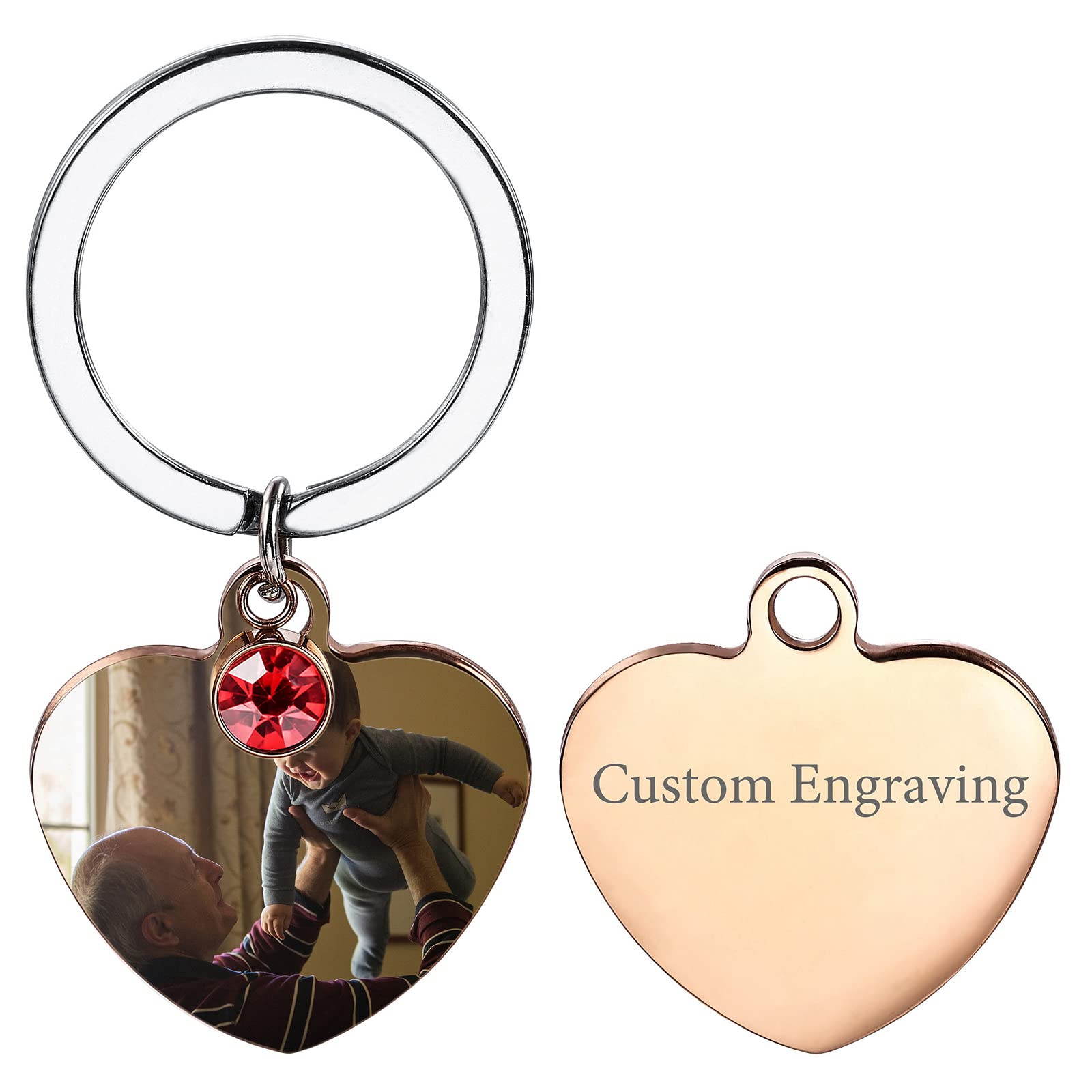 INBLUE Personalized Photo Heart Stainless Steel Keychains With Birthstones