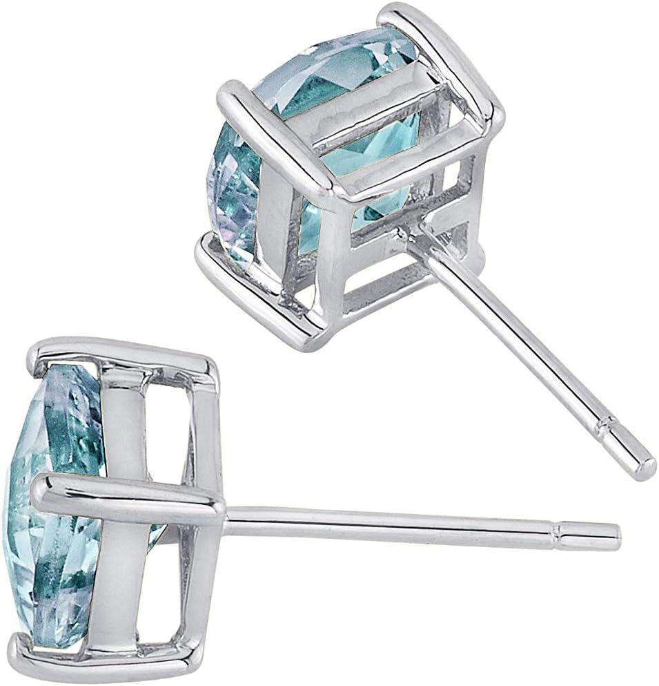 Peora Solid 14K White Gold Aquamarine Stud Earrings for Women, Genuine Gemstone, Hypoallergenic 6mm Cushion Cut, AAA Grade, 1.50 Carats total, Friction Back, Blue Aquamarine Jewelry,