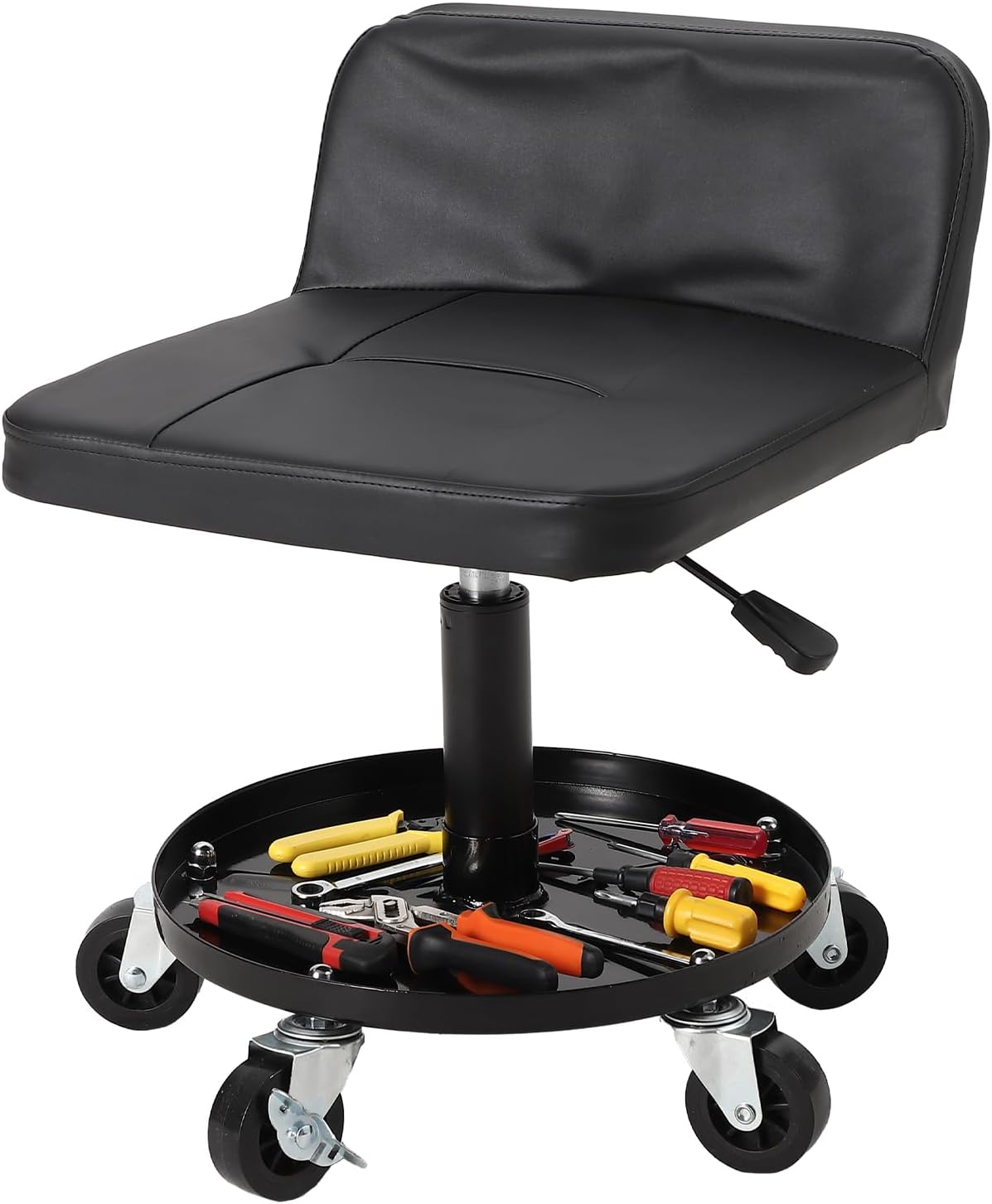 Rolling Mechanic Stool, 300 LBS Capacity, 18" to 22" Height Adjustable Shop Stool with Soft Cushion, Tool Tray & 3" 360° Lockable Swivel Wheels for Garage, Auto Repair, Workshop, ‌Heavy Duty, Black
