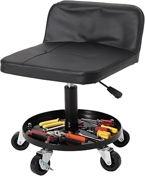 Rolling Creeper Seat with Wheels, 300 Lbs Capacity, 18"-22" Height Adjustable Garage Mechanic Stool with Ergonomic Padded Seat & Tool Tray, Shop Stool for Auto Repair, Black