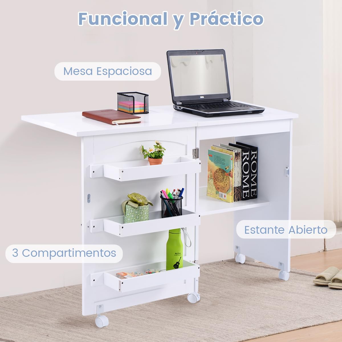 RELAX4LIFE Mesa de Costura Plegable con 5 Ruedas, 4 Estantes de Almacenamiento y Frenos, Mesa para Máquina de Coser de MDF, Mesa Multifuncional para Salón, Dormitorio, 118,5x40x79,5cm (Blanco)