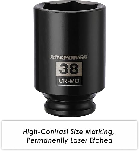 Miniatura 5 de MIXPOWER Enchufe de impacto profundo de 12", CR-MO, 1.496 in, 6 puntos, tuerca de eje de grado de impacto para una fácil extracción
