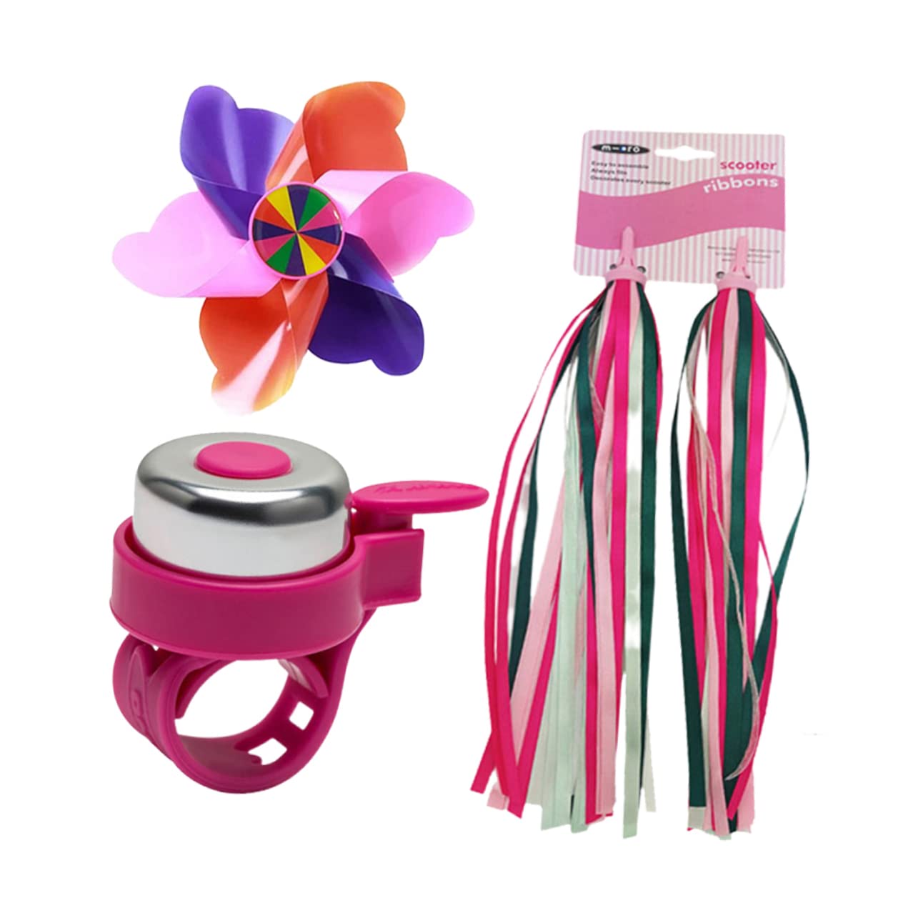 Parliky 3Pcs Pink Bike Accessories Set Handlebar Streamers Bike Bell Windmill Tassels for Bikes Scooters Fun and Creative Design
