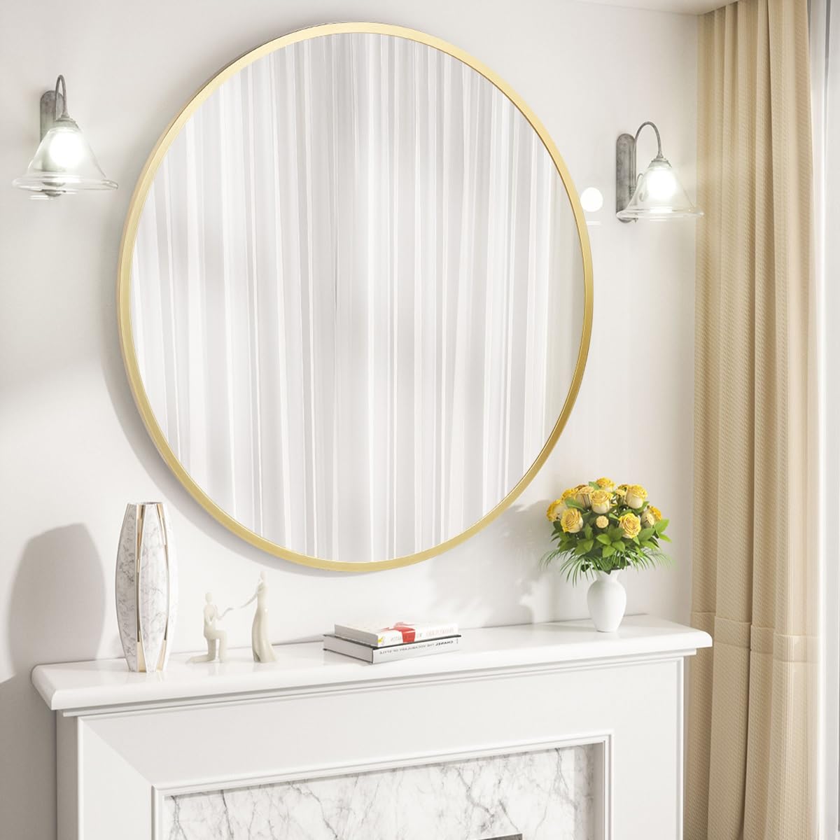 Miroir rond, Ø 50 cm, cadre en alliage d'aluminium, moderne, incassable, miroir mural pour couloir, salon, salle de bain ou vestiaire chambre à coucher - Doré