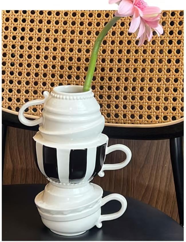 French Style Stacked Teacup Ceramic Vase, Modern Decorative Flower Holder, Red and Black Striped Design (Black)