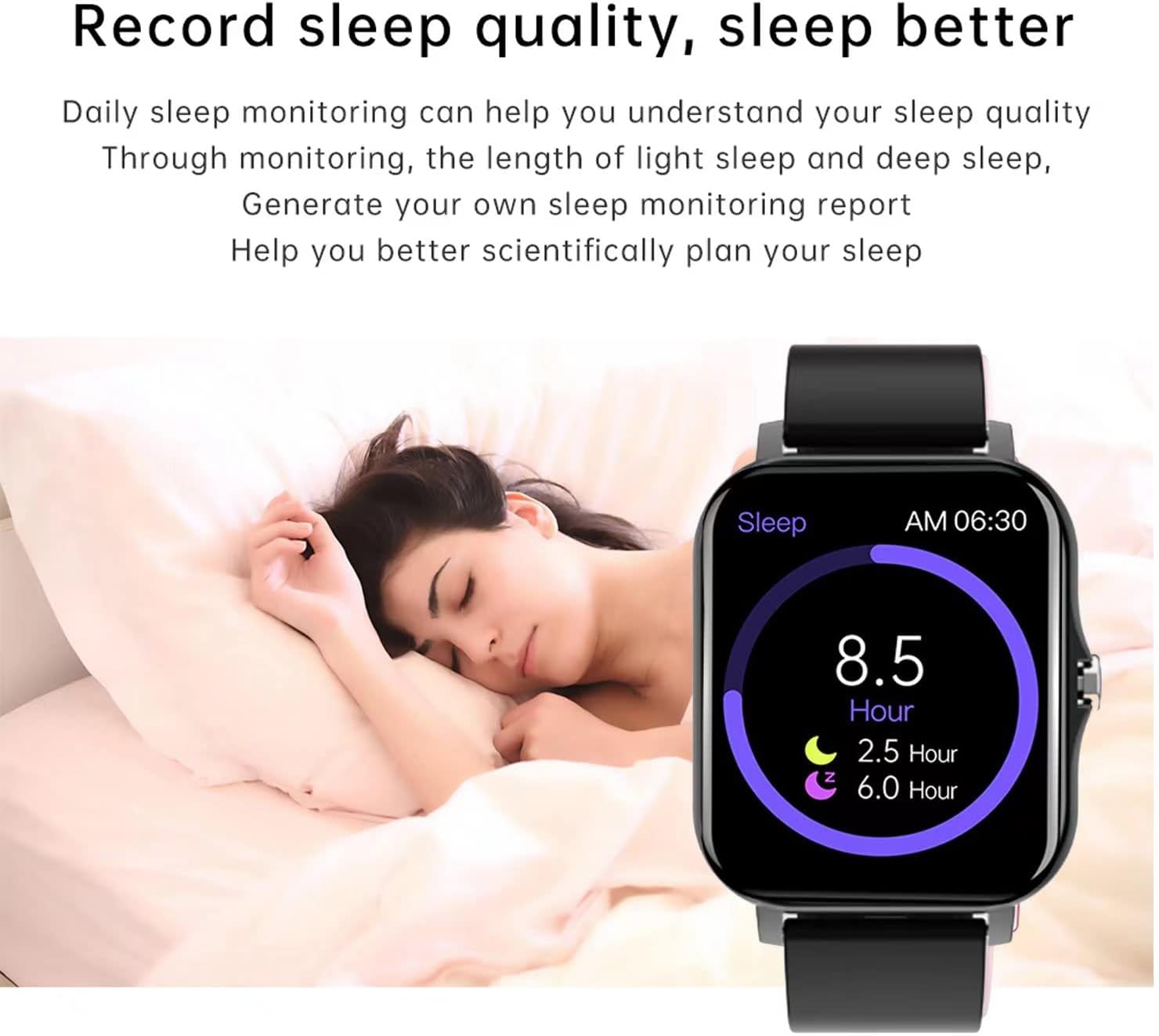 CREAUV Smart Fitness Tracker Watch displaying sleep quality data, with a person sleeping in the background.