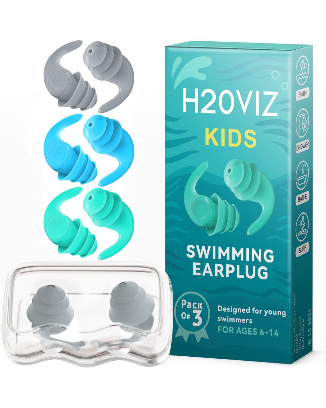 H20VIZ Swim Ear Plugs | Waterproof, Reusable Silicone Earplugs for Swimming, Surfing, Snorkeling & All Water Sports (Kids 3 Pairs, Grey, Blue, Turquoise)